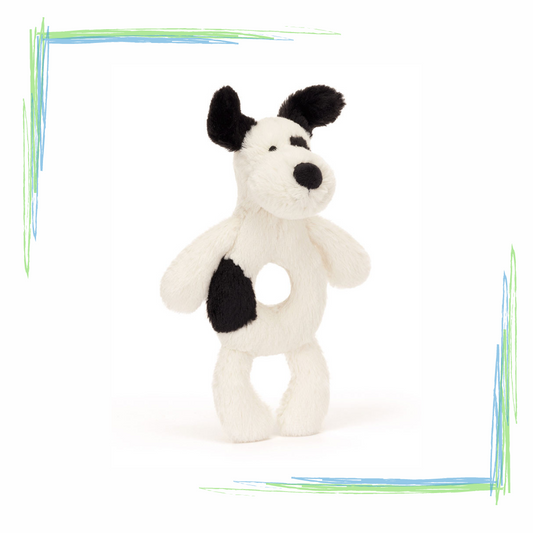 Jellycat Bashful Black And Cream Puppy Ring Rattle